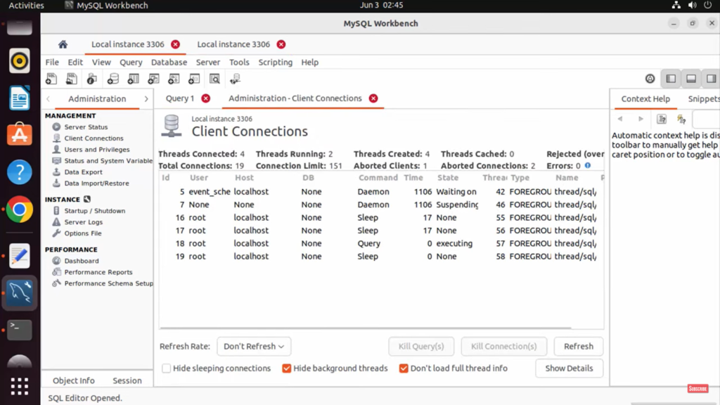 mysql workbench window with settings client connections in it